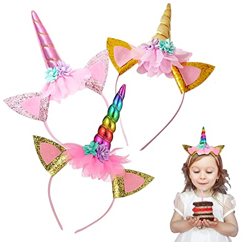 Einhorn Stirnband 3 Stück, Einhorn-Kinderhaarbänder, Einhorn Haarreif Unicorn Horn Stirnband Mit Ohren, Haarschmuck für Ostern Geburtstag Birthday Party Karneval, Head Accessoires Party Dekoration