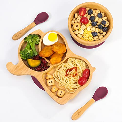 Vinsani Baby Bamboo Weaning Set, Suction Plate, Bowl & Spoon for Toddler | Food-Grade Silicone Baby Feeding Set, Non-Slip Base Bowl, BPA-Free Wooden Dinnerware for Kids, Elephant Themed - Red