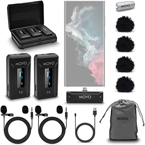 Movo WMX-2-C-DUO Dual Wireless Lavalier Mikrofone für Android mit Ladehülle, Onboard Mikrofone, Clip on Lapel Mics, 7HR Akku, 100m Reichweite, einstellbare Verstärkung - USB-C Mikrofone für aufnahmen