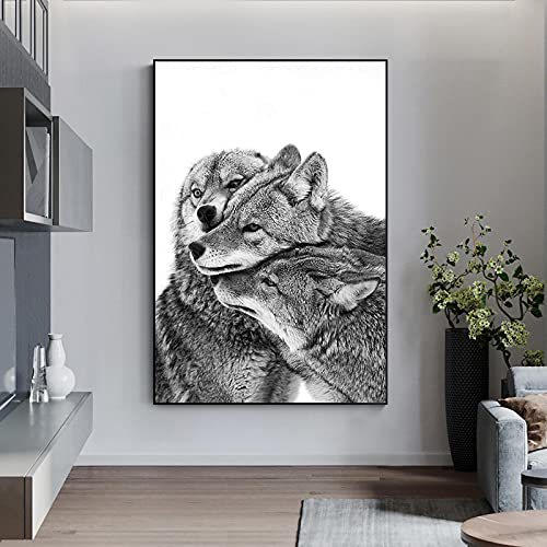 OUSHION ART Jungen Schlafzimmer Dekor Schwarz und Weiß Wolf Leinwand Gemälde Poster und Drucke Nordic Wild Animal Wandkunst Bilder für Wohnzimmer Dekor 90x60cm Innenrahmen