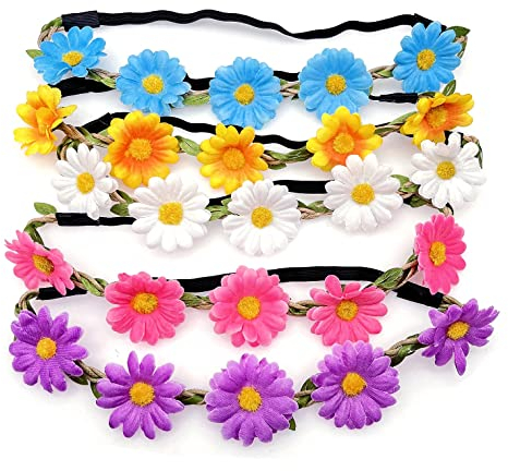 CCHAMP 5 fasce per capelli artificiali in marguerite per damigella d'onore, per matrimonio, fiore ragazza, ghirlanda floreale per ragazza e donna, copricapo bianco viola giallo blu rosa