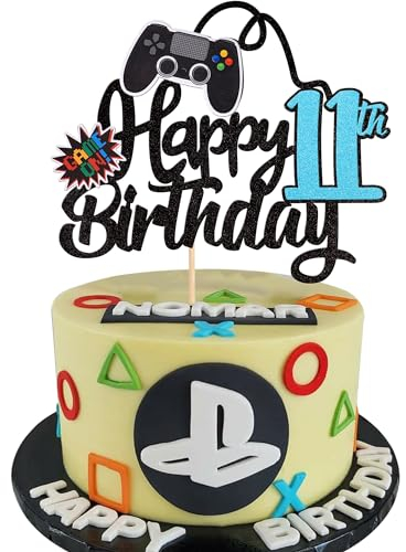 1 Stück 11th Videospiel Tortendeko Glitter Geburtstag Cake Topper Gaming Happy Birthday Kuchen Deko Videospiel Thema Cake Dekoration für Jungen Kindergeburtstag Spiel Thema Party Dekoration Blau