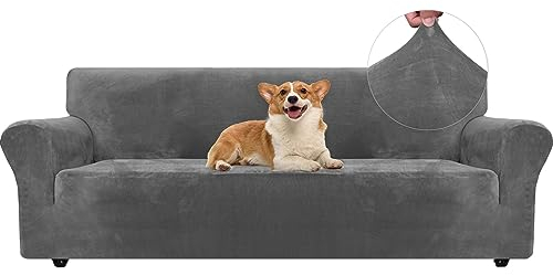 Ystyle Sofa Überzug Samt 4 Sitzer, Stretch Sofabezug, Sofaschoner rutschfest, Elastischer Sofa Bezug, Sofa Cover Mit Armlehnen, Bezug Sofa Sofaschutz Katze Couchschoner Sofa Decken, Grau