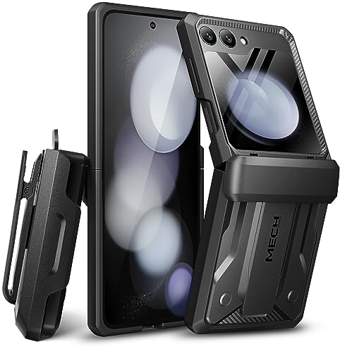 Tongate Samsung Galaxy Z Flip 5 Case(2023), Hinge Protection, Built-in Outer Screen Protector & Hidden Kickstand, Military Grade Shockproof Phone Case with 360° Rotatable Belt Clip, Black