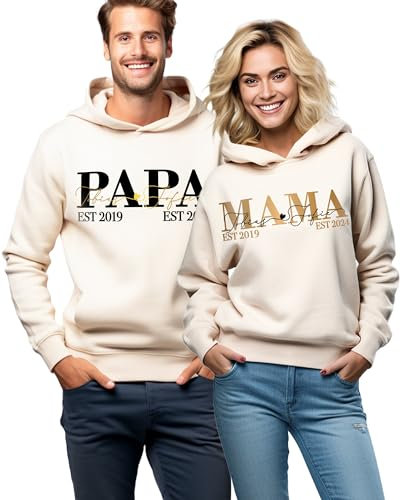 Mama und Papa Pullover personalisiert mit 2 Kindernamen, Damen Herren Partner Look Pulli Kapuze Set für Paare Familie, Kapuzenpullover Baumwolle Elegant Hoodie 1-3 Namen von Kinder, Kapuzenpulli Weiß