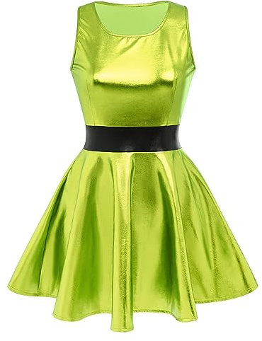 Odizli 80er Jahre Outfit 90er Damen Wetlook Glitzer Metallic Holographic Ärmellos Skater Minikleid Space Alien Kostüm Festival Rave Disco Neon Party Halloween Karneval Faschingskostüme Grün L