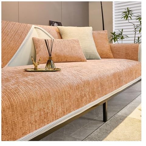Tauzveok Sofaschoner rutschfest, Chenille Sofabezug, Sofadecken Für Sitzfläche, Für L Form/U Form/Ecksofa 3 2 1 4 Sitzer Sofahusse,Orange,70 * 210cm