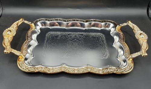 bandejas marroqui 54cm Rectangular con garbados para Servir el te ayudante de Buffet, Bandeja de Acero Inoxidable con Borde Decorativo, Asas de Zinc Fundido a presión, Cromado Dorada (Grande)