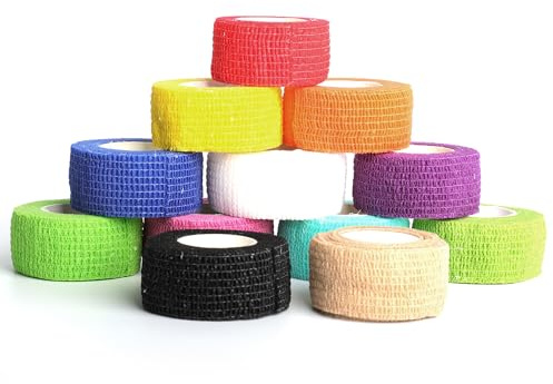 12 Cintas Cohesivas para Dedo, Vendajes Cohesivos Autoadhesivos de Colores Variados, Vendaje de Compresión 2,5 cm x 4,5 m, Usos Incluyen Vendaje Veterinario, Vendaje para Dedo Humano
