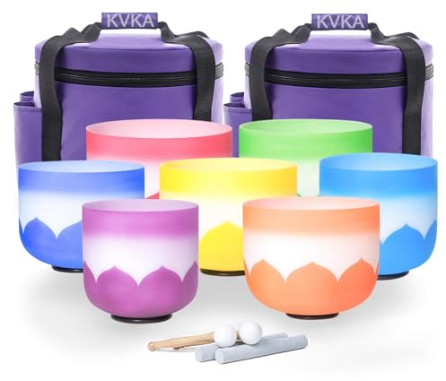 KVKA Set of 7pcs Crystal Singing Bowls 7-12 inch Frosted Quartz Crystal Sound Healing Bowls with Carrying Cases and Mallets O-rings —— Lotus Design