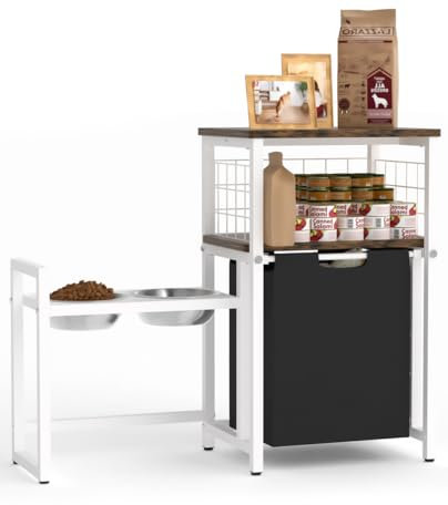 Sungaryard Pet Feeding Station, Elevated Dog Bowls with Storage Organizer, Adjustable Raised Bowl Stand for Large Medium Small Dogs & Cats, White