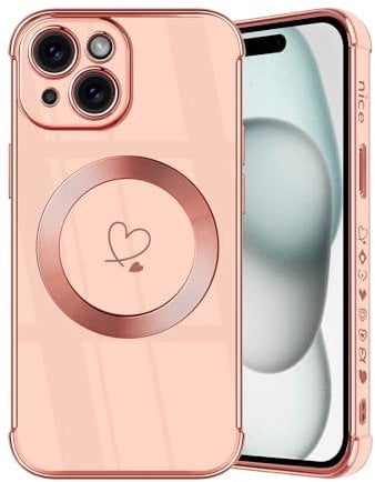 JRIANY Magnetic for iPhone 15 Case, Protective Flexible Silicone Case Compatible with MagSafe Design Love Heart Pattern Shockproof Bumper Cover Compatible with Apple iPhone 15 - Pink