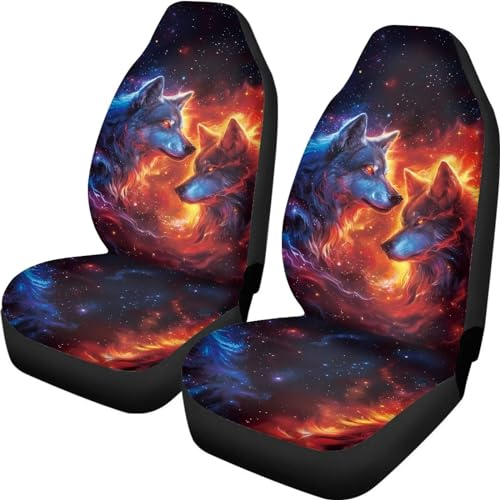 Xoenoiee Autositzbezüge mit Wolfsfeuer-Galaxie-Muster, komplettes Set mit 2 Fahrzeugschonern, Vordersitzbezügen, dehnbar, waschbar, Autozubehör, Schalensitzbezug