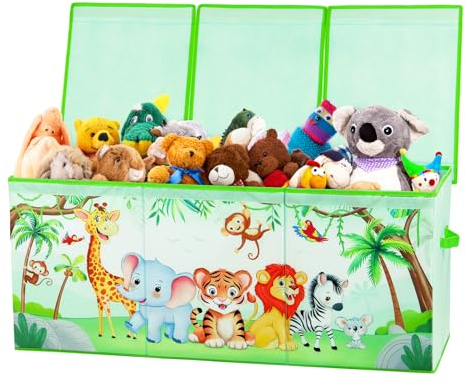 Grande Boîte à Jouets avec Couvercle pour Enfants, Coffre de Rangement Pliable Oxford avec Poignée, Imperméable Anti-poussière Boîte de Rangement pour Filles Garçons, 96×32×40 cm (Fête des Animaux)