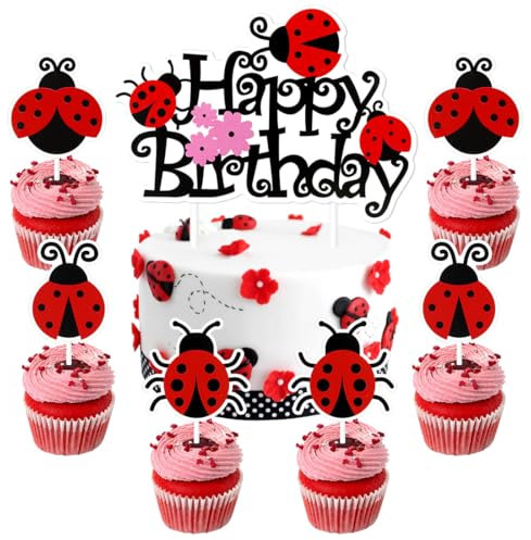 Kuchen Deko Marienkäfer, Glitzer Insekten Geburtstag Cake Topper, 25 pcs Bug Geburtstagsdeko, Marienkäfer Thema Junge Mädchen Kuchendekoration für Sommerparty