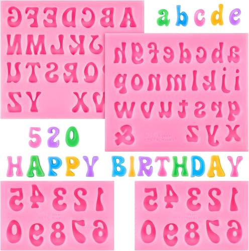 CLUEWR Lot de 4 moules en silicone en forme de lettres 3D pour chocolat, chiffres de 0 à 9 et alphabet de A à Z, moule à chocolat, moule pour décoration de gâteau