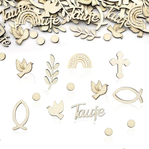 Streudeko Taufe, 120 Stück Holz Konfetti Taufe Fische Tischdeko Taufe Junge Mädchen Streudeko Kommunion Konfetti Tauben für Firmung Babyshowerparty Taufdeko