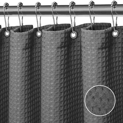 FIISAYL Waffel Duschvorhang Shower Curtains mit Magnet Waschbar Textil Polyester Stoff Bad Vorhang mit 12 Duschvorhangringe Wasserdicht für Dusche und Badewanne 90 x 183 cm(Dunkelgrau)