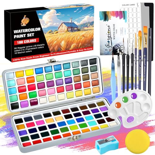 UCAMP Ensemble de Peinture Aquarelle 100 Couleurs en Boîte Portable, Set de Peinture Aquarelle avec Pinceau et Papier Aquarelles,Watercolor,pour Artistes et Peintres Amateurs