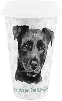 Purely Home World's Best Patterdale Terrier Dog Ceramic Travel Mug - Novelty Gifts for Dog Dads - Reusable Silicone Lid Double-Walled Insulated Hot/Cold Drinks Cup