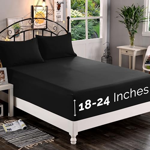Elegant Comfort 1500 Premium Quality Fitted Sheet Ultra Soft 18-24 Inch Extra Deep Pocket - Single Fitted Sheet for High Mattress - Wrinkle Free with Smart Storage Pockets, California King, Black