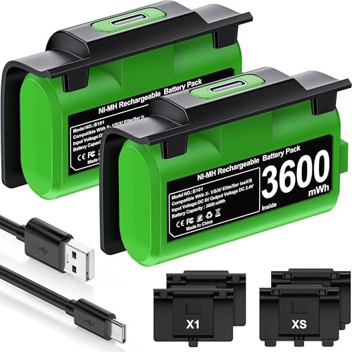2 x 4800mWh Akku für Xbox Controller, Play & Lade Kit für Xbox Series X Controller, Wiederaufladbare Akku mit 12Std Spielzeit/LED-Anzeige Kompatibel mit Xbox Series X/S, Xbox One S/X/Elite Controller