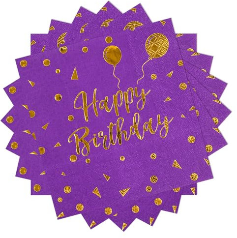 40 Stück Happy Birthday Lila und Gold Geburtstag Servietten,33x33cm Papier Party Servietten,für Junge Mädchen Geburtstag Party Deko