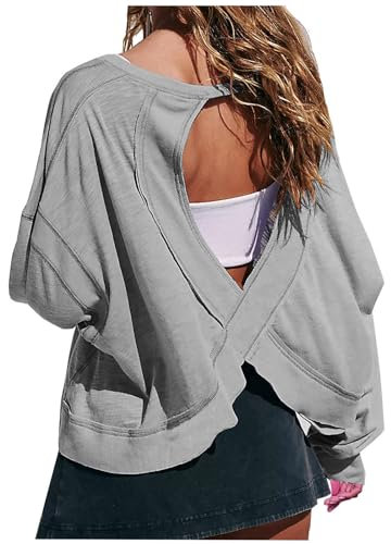 Women's Long Sleeve T Shirts Open Back Workout Crop Tops Casual Lightweight Athletic Gym Yoga Tee Loose Solid Backless T-Shirt Running Top Trendy Sport Tops with Thumb Hole