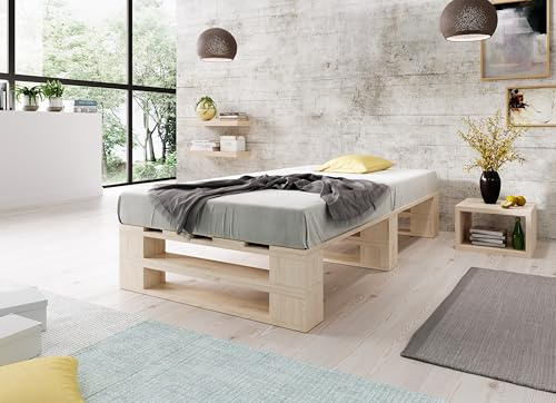 Lermowood Palettenbett M2 aus Holz 120 x 200 cm Natur mit Lattenrost Holzbett 30cm Stabiles Seniorenbett Kinderbett Jugendbett Gästebett erhöhtes Einzelbett Bettgestell Futonbett Komforthöhe Naturholz