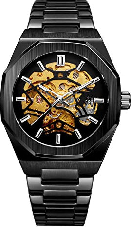 BOLYTE Skelett Mechanische Uhr für Herren - Automatisch Selbstaufzug Offenes Herz Design Edelstahl Band - Premium Skelett Uhr für Freizeit & Formelle Kleidung Schwarz Klassisch, Schwarz, Klassisch