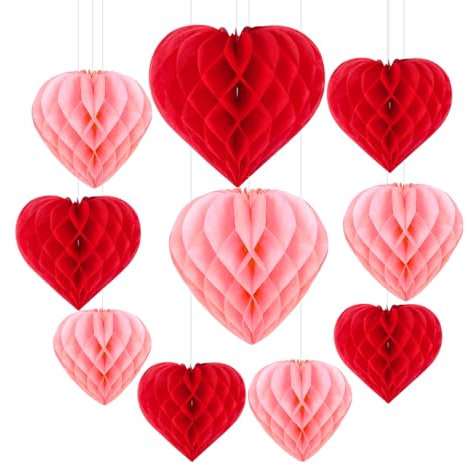 Ompinda Wabenbälle in Herzform, 10 Stück, rot und hellrosa, hängende Papier-Pompons, Waben, romantische Dekorationen für Jahrestag, Hochzeit, Verlobung, Antragsparty
