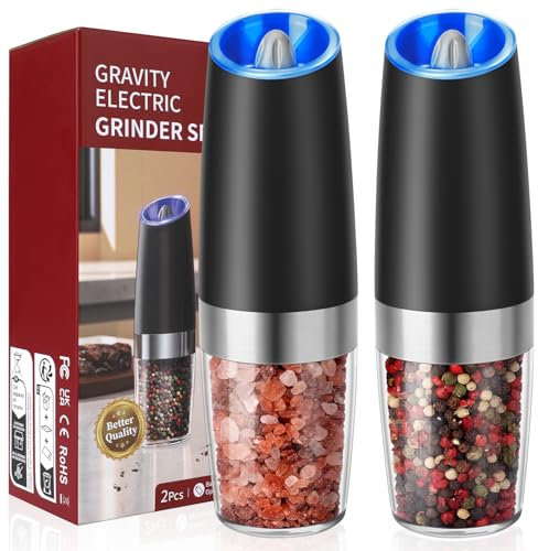 Hotec Elektrische Pfeffer und Salzmühle Set, 9 Oz Hochkapazität, AAA-Batteriebetrieben mit Gravity-Sensor, 6-Stufen Mahlgrad & LED-Anzeige, 2er Set