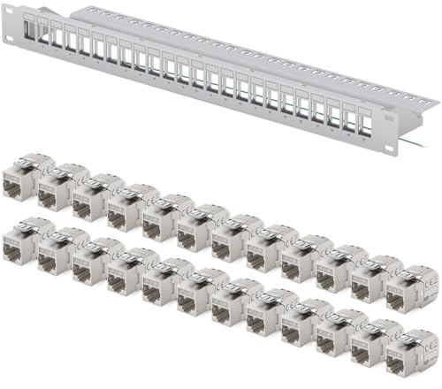 hb-digital Patchpanel 24 Port 1HE Netzwerk Patchfeld mit 24x CAT 7 Keystone Modulen RJ45 Buchsen für Ethernet LAN Kabel 10 Gbit geeignet 19 Zoll Rackmontage, Netzwerkschrank - Hellgrau