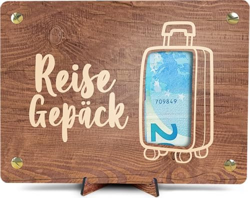 Reisegutschein - XL Geldgeschenk aus Holz inkl. Ständer | Reisegepäck - Glückwunschkarte Geburtstagskarte, Geschenkkarte Reisegutschein, Reise, Urlaub, Strandurlaub, Meer, Wellness