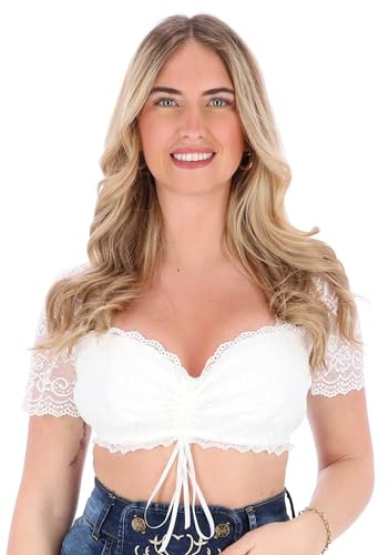 Steigenhöfer Manufaktur Dirndl Blouse Ladies with Adjustable Bow - Gina - Soft Fabric with a Comfortable Feel - for Oktoberfest and Wiesn - Short Sleeved - White - 36