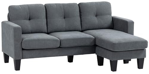 HOMCOM Ecksofa Couch mit Umkehrbarer Chaiselongue Sofa L Form Eckcouch mit Federkern, Hochdichtem Schaumstoff, Leinenoptik für Wohnzimmer, Schlafzimmer, 186 x 130 x 84 cm Dunkelgrau