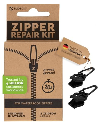 Zlideon Zipper Repair Kit for Waterproof Zippers Multipack 2pcs - Black (L) | Instant Zipper Pull Replacement Slider for Jackets, Dry Bags, Camping Gear, Tech Cases, Easy to Install, Made in Germany