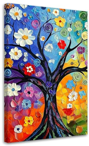 Feeby Leinwand Bilder - Bild Wohnzimmer - Bunter Baum des Lebens - 80x120 1tlg - Deko Schlafzimmer Groß - Dekoration Canvas - Gemälde - Modern Wandbilder - Kunstdruck
