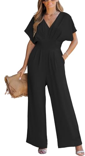 CUPSHE Womens Summer Jumpsuit V-Neck Short Dolman Sleeve Overall Wide Leg Long Playsuit Casual Holiday Outfits