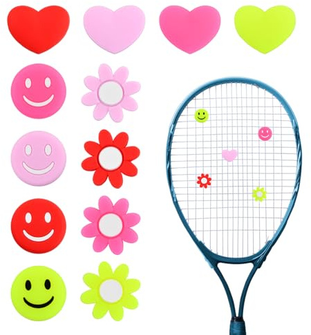 Luxvara 12 Stück Lustige Vibrationsdämpfer Tennisschläger für Tennisschläger SaitendäMpfer, Silikon Herzförmiger Smiley Blumen Tennis Dämpfer, Tennisschläger Stoßdämpfer, Tennis Zubehör, 4 Farben