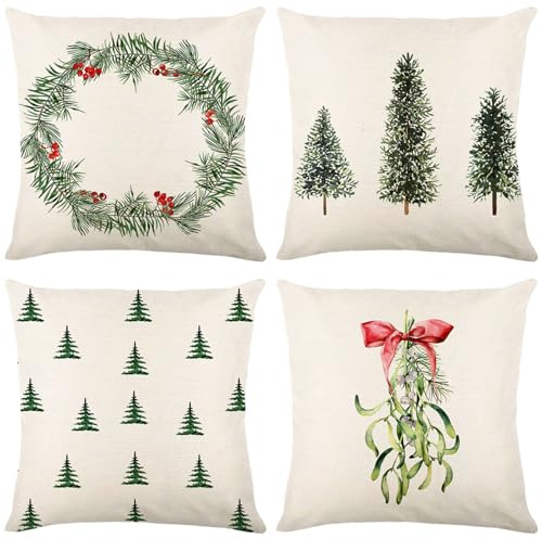 4er Set Kissenbezug Weihnachten - 50x50 Weihnachtselementstile Muster Dekorative Kissenhülle Leinen Kissenbezüge,Weihnachtskissen Weihnachtsdeko Innen für Weihnachten Couch Wohnzimmer Garten Room Deko