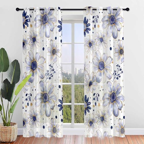 Odot 2 Pannelli Tende per Interni con anelli, Tende Camera da Letto Tenda Filtranti, 3d Margherita Tende Voile Semi Trasparenti Sheer Tenda per Soggiorno Camera (Fiori blu,80x115cm)