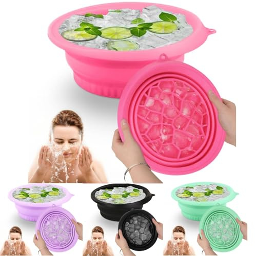 Casbomy Eisbad Schüssel, Silikon Schüssel für Gesicht Eisbad (Rosa) | Tragbares Waschbecken für Schwellungserleichterung, Schnell Kühlendes Eingebauter Eiskalt, Haut Badezimmerzubehör mit Haken​