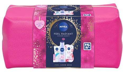 4er Pack - Nivea Geschenkset – Feel Radiant (Bodylotion/2x Gesichtsmaske/Lippenbalsam/Softcreme/Tasche)