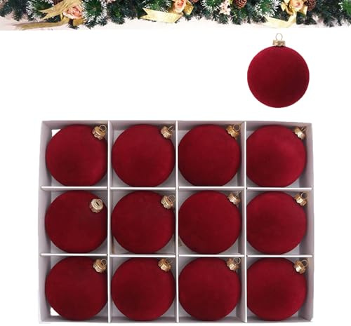 Velvet Christmas Ball Decorations 6 cm/12 Stück, Flockiertes Kugelset, Weihnachtsbaum Dekorative Hängeornamente, Burgunderrote Kugeln (Wine)