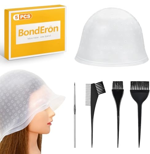 BondEron 5er Set Strähnchenhaube mit Nadel und Pinsel für Highlights – Professionelle Silikonhaube zum Haare Färben, Wiederverwendbar – Friseur Zubehör für Damen & Herren