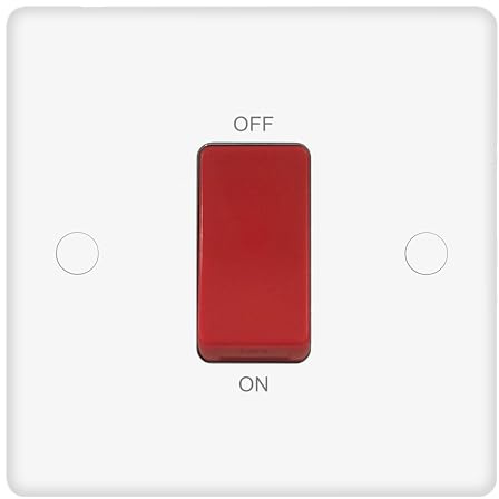 EVOGES Vector 45A Double Pole Switch – White Gloss Single Plate with Red Rocker, Includes Fixing Screws & Screw Caps, Cooker/Shower/High-Load Appliance Isolator, UK Standard Wall Mount