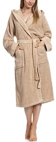 Ladeheid Damen Frottee Bademantel mit Kapuze Morgenmantel warm aus 100% Baumwolle LA40-102 (Beige (P02) (Gramatur 450), XXL)
