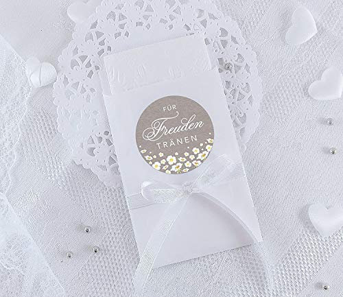 Freuden Tränen Taschentücher Set zur Hochzeit Klein 24 Sticker + 24 weiße Flachbeutel - 63 x 93 mm für Freudentränen Taschentuch Verpackungen Aufkleber in SAND mit weißen Blumen Retro Packpapier Look