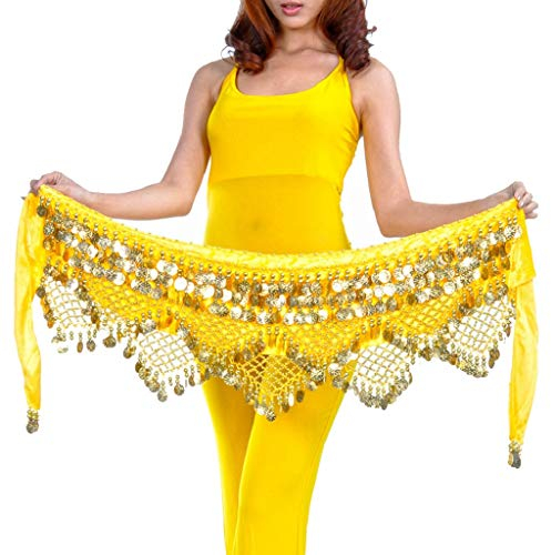 Wuchieal Damen Profi Zumba Rock Bauchtanz Hüfttuch mit Münzen Gürtel Röcke (Gelb, OneSize)